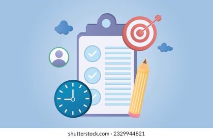 Meeting agenda, priority important task for discussion, objective or purpose to finish, planner or checklist .on blue background.Vector Design Illustration.