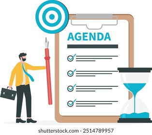 Agenda de reunión, tarea importante prioritaria para la discusión, objetivo o propósito para terminar, planificador o lista de verificación para el concepto de trabajo de oficina, hombre de negocios inteligente sostener lápiz escribir agenda de reunión con temporizador.

