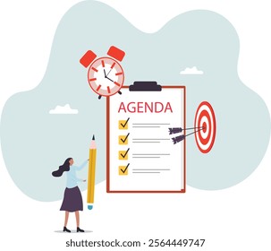 Meeting agenda, priority important task for discussion, objective or purpose to finish, planner or checklist for office work .business concept.flat character.