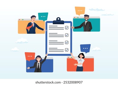 Meeting agenda, strategy planning communication, checklist or todo list for teamwork, brainstorm or work discussion, task or meeting reminder clipboard, business people meeting with agenda checklist