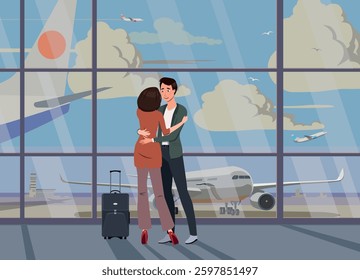 
Meeting at the airport against the background of the airfield. Vector.