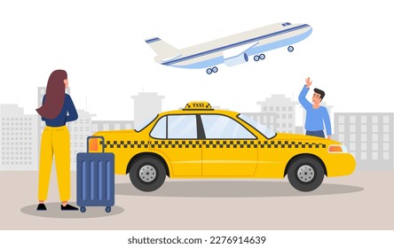 Meeting at airport. Man stands next to taxi and waves to woman with suitcase or luggage. Travel and tourism. Tourists transportation from airport to hotel concept. Cartoon flat vector illustration