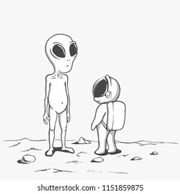 meeting of an alien and an astronaut.Space theme.Uncolor version.Vector illustration