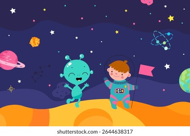 Meeting with alien on planet in Universe. Cute little cartoon astronaut in spacesuit and happy ufo creature. Space exploration, stars, planets, vector landscape