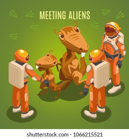 Meeting aliens during space exploration isometric composition on green background with astronauts in environmental suits vector illustration