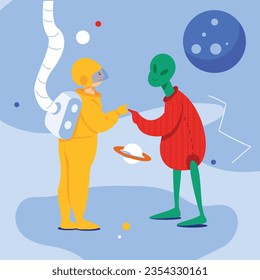 Meeting aliens illustration useable for both ios android and web