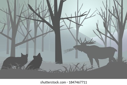 Meeting of animals in a deep forest covered with snow. Snowy forest somewhere in the mountains. Wildlife in the forest.