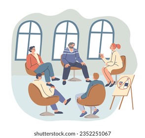 Meeting of anonymous alcoholics sitting in circle and talking about the addiction. Support for people drinking alcohol. Help and assistance of mentor with psychological issues. Vector in flat style svg