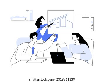 Meeting architect abstract concept vector illustration. Business people discussing new real estate project with architect, brokerage company, brainstorming with customers abstract metaphor.