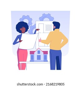 Meeting architect isolated concept vector illustration. Business people discussing new real estate project with architect, brokerage company, brainstorming with customers vector concept.