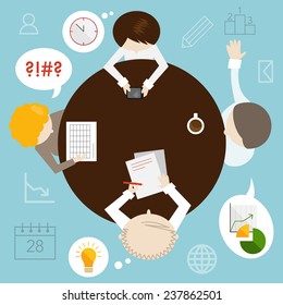 Meeting around table from a top view in a flat design with icons.