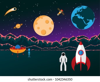 The meeting of astronaut with an alien on an unknown planet. Against the background of the space sky.