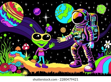 Meeting astronaut   alien  Psychedelic landscape  Space exploring cartoon banner
