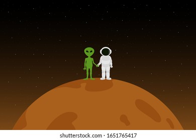 Meeting of astronaut and Martian on Mars. Vector illustration.