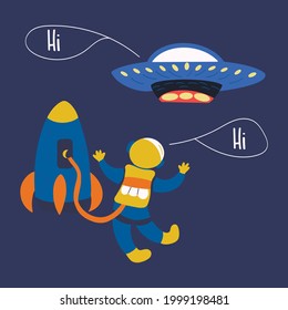 Meeting of astronaut and UFO in space. Friendly greeting. Flying saucer and rocket. Colorful vector hand drawn illustration. Travel in a spaceship to the universe