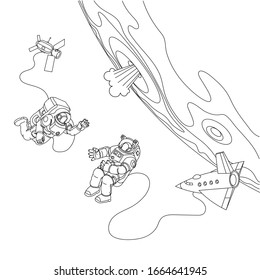 astronautas de reunión en espacios espaciales en el espacio exterior, lanzadera, módulo con batería solar y superficie planetaria con cráter, ilustración vectorial con líneas de contorno negro sobre fondo blanco en estilo dibujado a mano