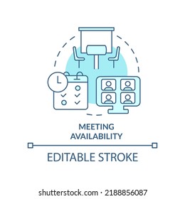 Meeting availability turquoise concept icon. Communication. Location and schedule abstract idea thin line illustration. Isolated outline drawing. Editable stroke. Arial, Myriad Pro-Bold fonts used