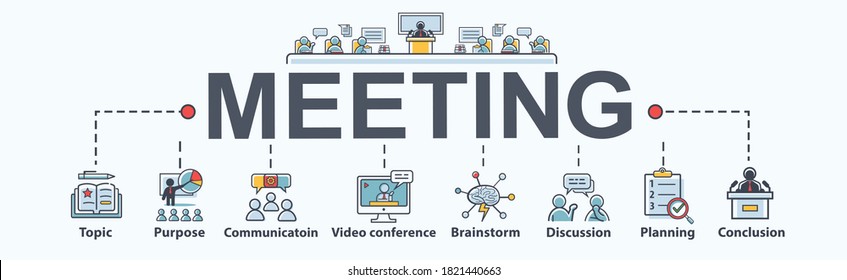 Meeting banner web icon for appointment and convoke, Topic, purpose, brainstorm, communication, discussion, video conference and conclusion. Minimal flat cartoon vector infographic. - Shutterstock ID 1821440663