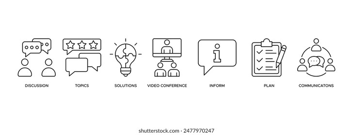 Ilustración del Web del Anuncio de la reunión para la reunión de negocios y la discusión con comunicaciones, temas, soluciones, Plan e informe