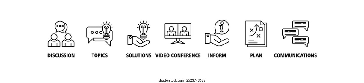 Meeting banner web icon set vector illustration for business meeting and discussion with communications, topics, solutions, plan, inform and video conference icons symbol background