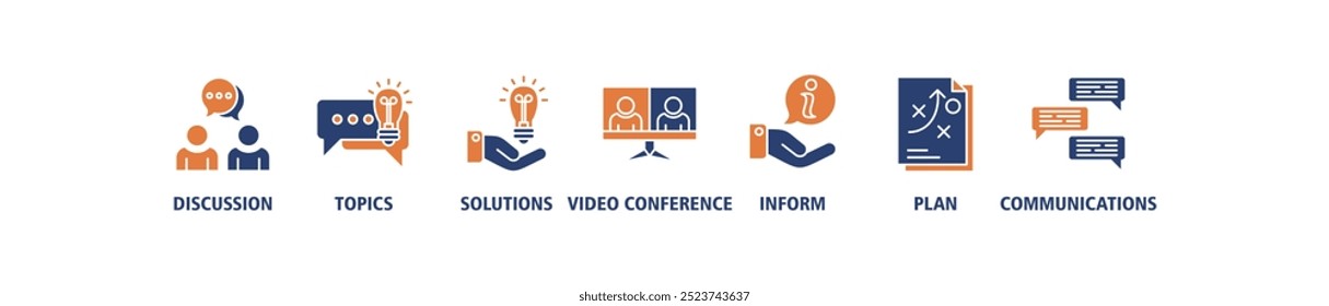 Meeting banner web icon set vector illustration for business meeting and discussion with communications, topics, solutions, plan, inform and video conference icons symbol background