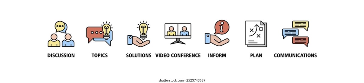 Meeting banner web icon set vector illustration for business meeting and discussion with communications, topics, solutions, plan, inform and video conference icons symbol background