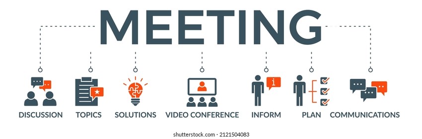 Konferenz-Banner-Web-Icon Vektorgrafik für Geschäftstreffen und -diskussionen mit Kommunikations-, Themen-, Lösungs-, Plan-, Informations- und Videokonferenzsymbol