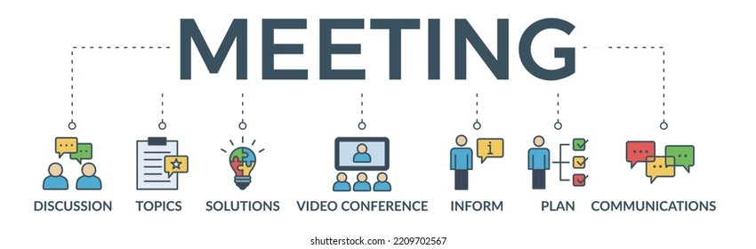 Meeting Banner Web Icon Vector Illustration For Business Meeting And Discussion With Communications, Topics, Solutions, Plan, Inform And Video Conference Icon