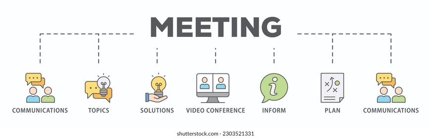 Meeting banner web icon vector illustration for business meeting and discussion with communications, topics, solutions, plan, inform and video conference icon
