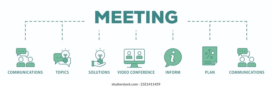 Meeting banner web icon vector illustration for business meeting and discussion with communications, topics, solutions, plan, inform and video conference icon