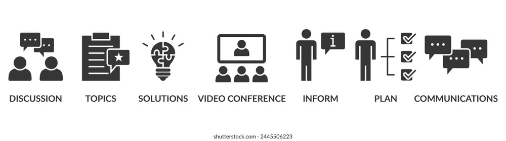 Meeting banner web icon vector illustration for business meeting and discussion with communications, topics, solutions, plan, inform and video conference icon