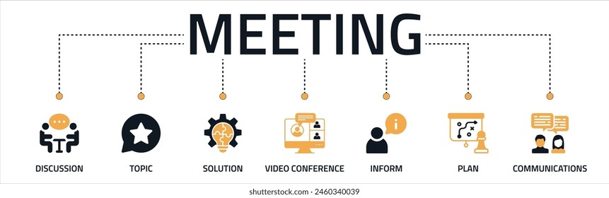 Meeting banner web icon vector illustration for business meetings and discussion with communications, topics, solutions, plans, inform, and video conference icon