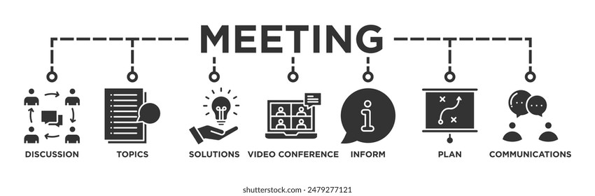 Meeting banner web icon vector illustration for business meeting and discussion with communications, topics, solutions, plan, inform and video conference icon	