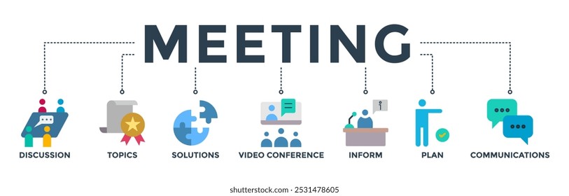 Meeting banner web icon vector illustration for business meeting and discussion with communications, topics, solutions, plan, inform and video conference icon 
