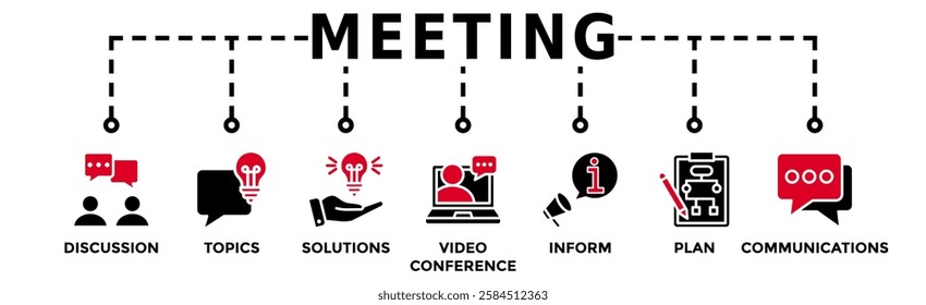 Meeting banner web icon vector illustration for business meeting and discussion with communications, topics, solutions, plan, inform and video conference icon