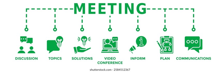 Meeting banner web icon vector illustration for business meeting and discussion with communications, topics, solutions, plan, inform and video conference icon