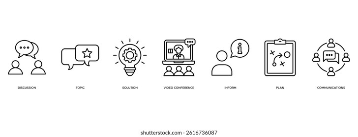 Meeting banner web icon vector illustration for business meeting and discussion with communications, topics, solutions, plan, inform and video conference icon