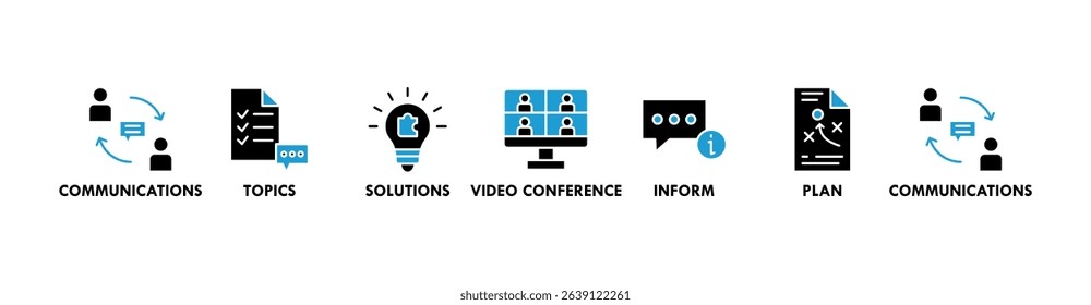 Meeting banner web icon vector illustration for business meeting and discussion with communications, topics, solutions, plan, inform and video conference icon