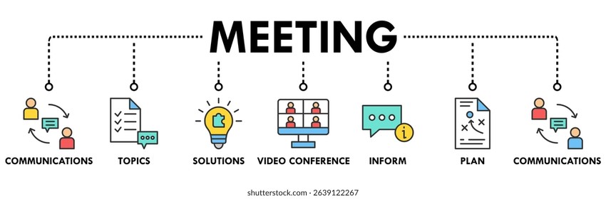 Meeting banner web icon vector illustration for business meeting and discussion with communications, topics, solutions, plan, inform and video conference icon
