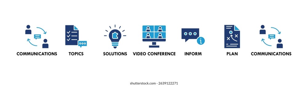 Meeting banner web icon vector illustration for business meeting and discussion with communications, topics, solutions, plan, inform and video conference icon