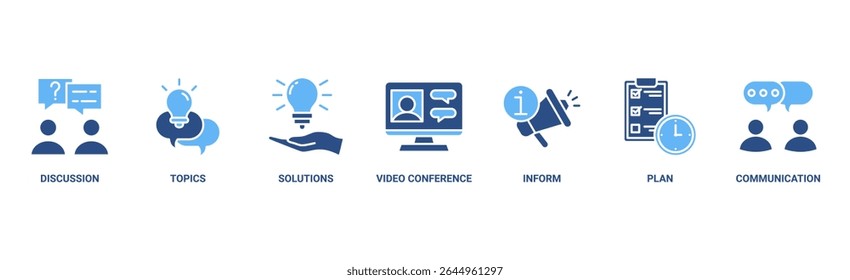 Meeting banner web icon vector illustration for business meeting and discussion with communications, topics, solutions, plan, inform and video conference icon