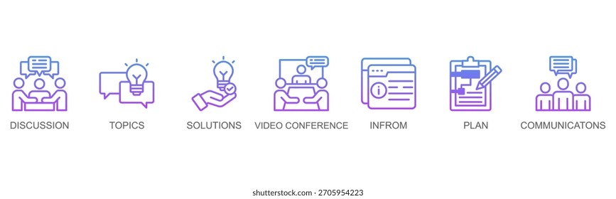 Concepto de ilustración de estilo de línea de Web Vector Video de Anuncio de reunión con icono de reunión, discusión, temas, soluciones, conferencia, informar
