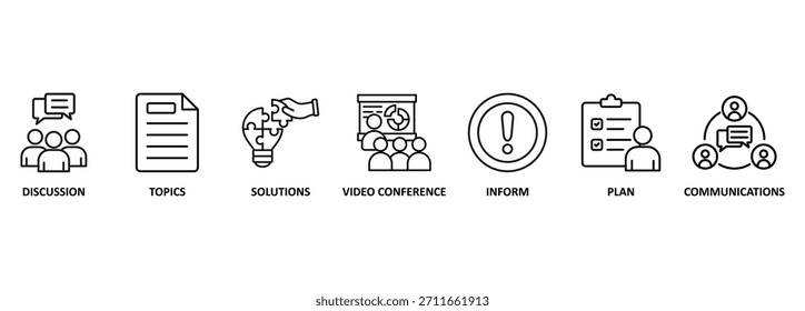 Meeting-Banner Web-Symbol, Vektorgrafik für geschäftliche Besprechungen und Diskussionen mit Kommunikation, Themen, Lösungen, Plan, Informieren und Video-Konferenz-Symbol