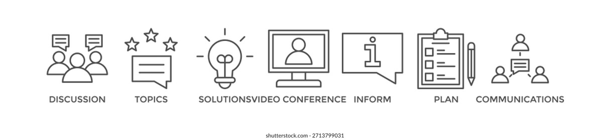 Ilustración vectorial de ícono de Web de Anuncio de reuniones para reuniones de negocios y discusión con comunicaciones, temas, soluciones, Plan, informar