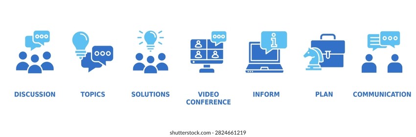 Meeting Banner Web Icon Vector Illustration Concept with Icons of Discussion, Topics, Solutions, Video Conference, Inform, Plan, and Communication