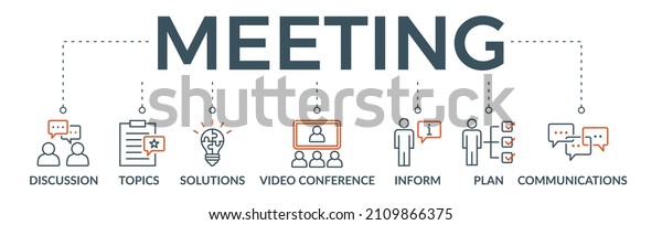 Meeting banner web icon vector\
illustration for business meeting and discussion with\
communications, topics, solutions, plan, inform and video\
conference icon