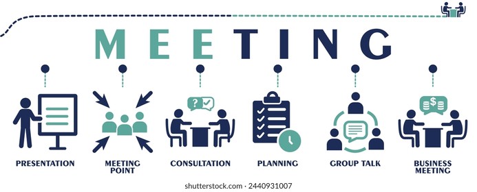 Meeting banner web solid icons. Vector illustration concept with an icon of presentation, meeting point, consultation, planning, group talk and business meeting