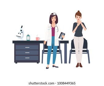 Meeting between young sick woman and doctor or medical adviser at hospital. Female patient came to physician's office to receive treatment. Cartoon characters. Vector illustration in flat style.