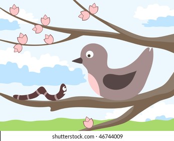 Meeting birds and a caterpillar on a tree. Spring landscape complements the picture. Vector  illustration