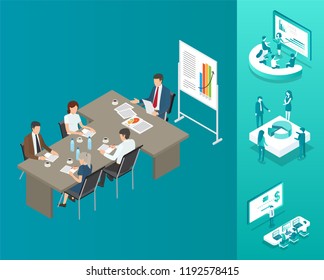 Meeting of boss and workers vector. Isolated icons isometric 3d people working in mining area, cryptocurrency business and technologies, seminars set